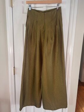 High-Waist Wide Leg Pants - Olive Green/Gold Metallic